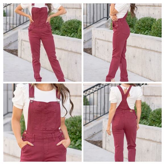 Judy Blue PLUS High Waist Garment Dyed Boyfriend Double Cuff Overalls Maroon☆2XL - Picture 4 of 16